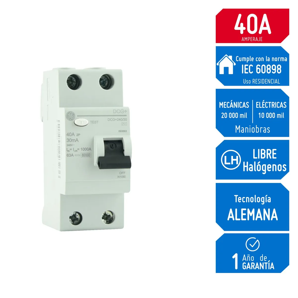 Llave Diferencial Riel DIN DMS 2X40A 30MA 690778 G.e. G. Electric