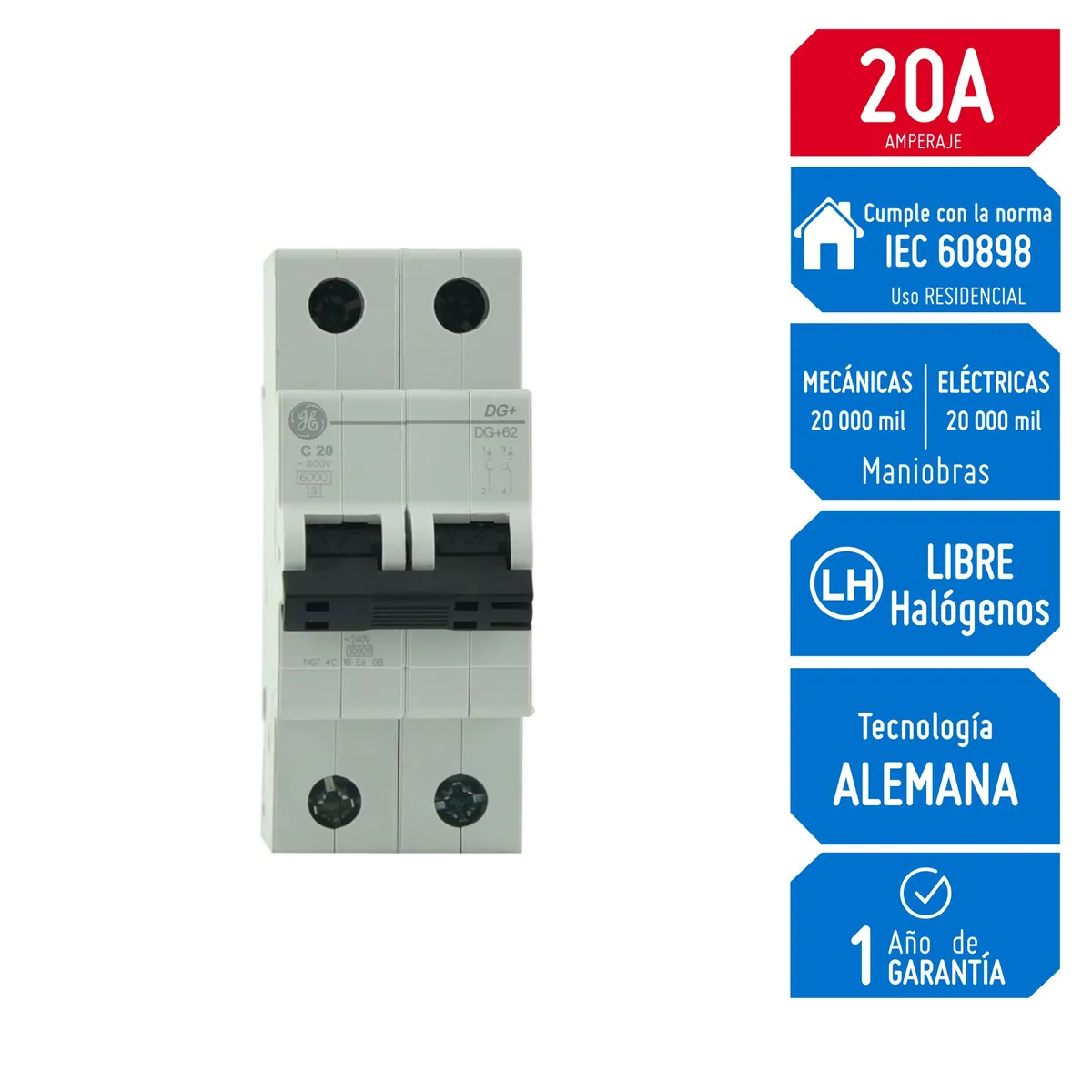 Llave Térmica Riel DIN DMS 2X20A 6KA 690991 G. Electric